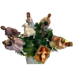 Vtg 8 Christmas Floral Picks Plastic Blow Mold Nativity Scene Mary Joseph Jesus